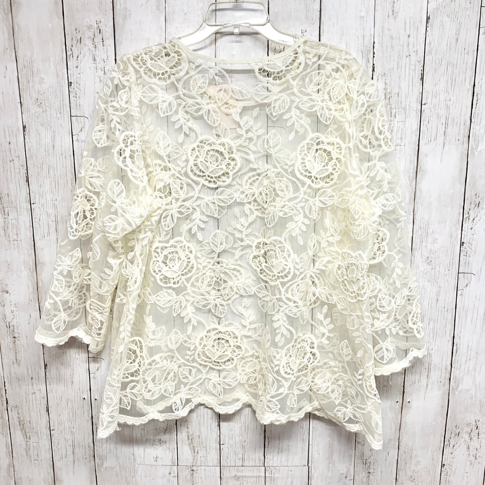 Unbranded Floral Lace Sheer Mesh Top Womens Size M White‎ Boho Rose Crochet